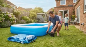 Parent using an electric pump to inflate a large family paddling pool on the lawn ahead of a warm weekend.