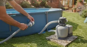 Close-up view of a garden swimming pool filter pump being connected to an oval pool.