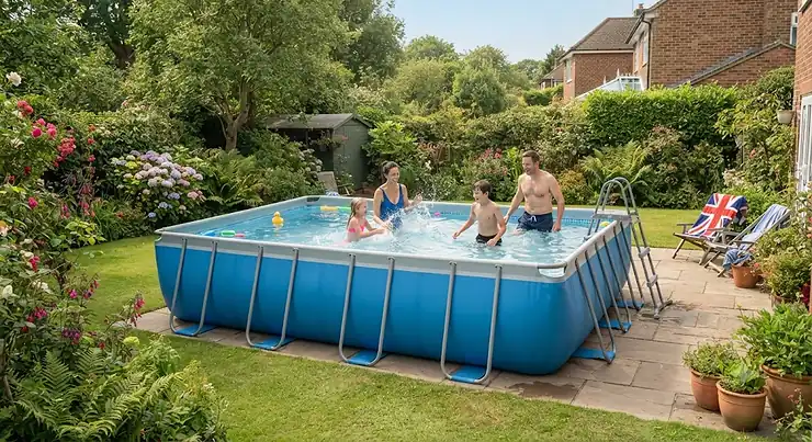 A large rectangular frame pool set up in a lush British garden, perfect for family summer fun.