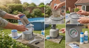 An illustration showing essential maintenance for an oval swimming pool pump and cartridge filter.