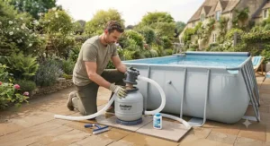 A person cleaning the filter pump of a rectangular above ground pool