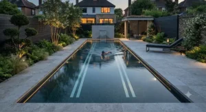 A minimalist rectangular pool for lap swimming illuminated at dusk in a suburban setting.