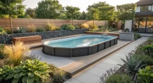 Modern landscaping surrounding a stylish oval above ground pool.