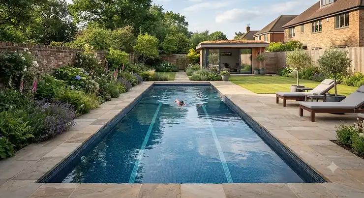 A modern rectangular pool for lap swimming situated in a landscaped British garden.
