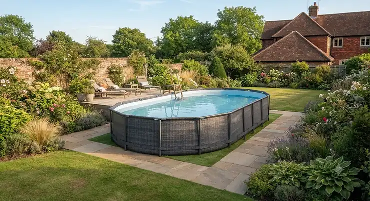 A luxury oval above ground pool installed in a neatly manicured British garden.