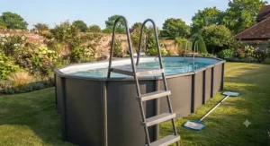 An oval above ground pool complete with a sturdy safety ladder for easy access.