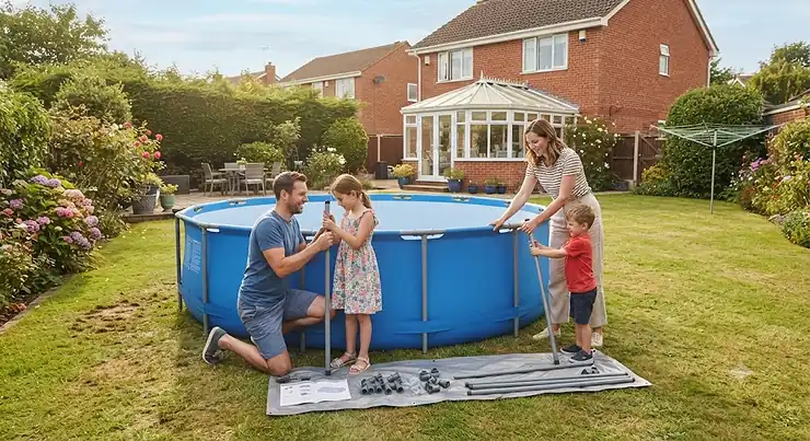 A family setting up an oval frame pool in a British garden, showcasing the simple and easy assembly process.