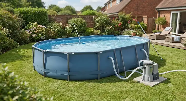 An oval garden swimming pool set up on a lawn, featuring a modern external filter pump system.