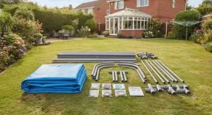 High-quality, easy assembly materials and frame components for an oval frame pool laid out on the grass.