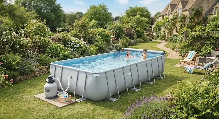 A rectangular above ground pool with a filter pump set up in a lush British garden