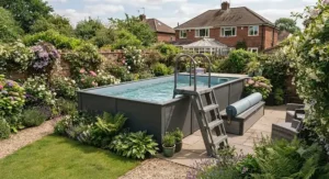 A rectangular above ground pool featuring a secure safety ladder for easy access.
