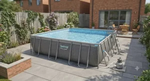 An above-ground rectangular Best Power Steel pool installed neatly on patio flags in a paved garden.