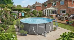 Round Bestway Power Steel pool installed on a paved patio area