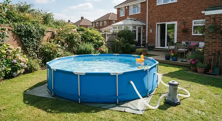 A round frame pool with filter pump set up in a typical British back garden on a sunny summer day.