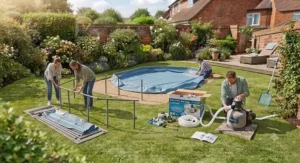 Step-by-step assembly of an oval garden pool alongside its primary filter pump unit.