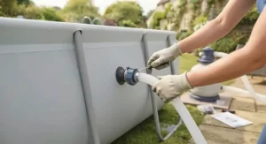 Close-up view of the pump connection on a rectangular above ground pool during assembly
