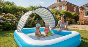 A family paddling pool featuring a protective UV sun canopy, keeping toddlers safe from direct sunlight in the garden