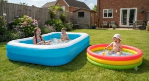 Side-by-side size difference showing a compact kiddie pool next to a larger family paddling pool on the lawn.