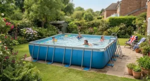 A spacious large rectangular frame pool providing plenty of room for the whole family to swim.
