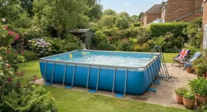 A sturdy large rectangular frame pool filled with water, ready for a warm British summer afternoon.