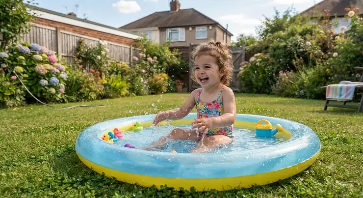 A happy toddler playing in a bright paddling pool set up on a British lawn on a sunny summer day.