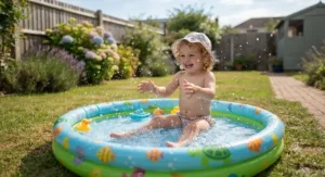 A toddler safely splashing in a shallow inflatable kiddie pool filled with warm garden hose water.