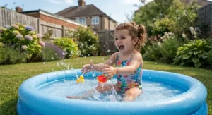 Young child splashing and having fun in a shallow paddling pool outdoors.