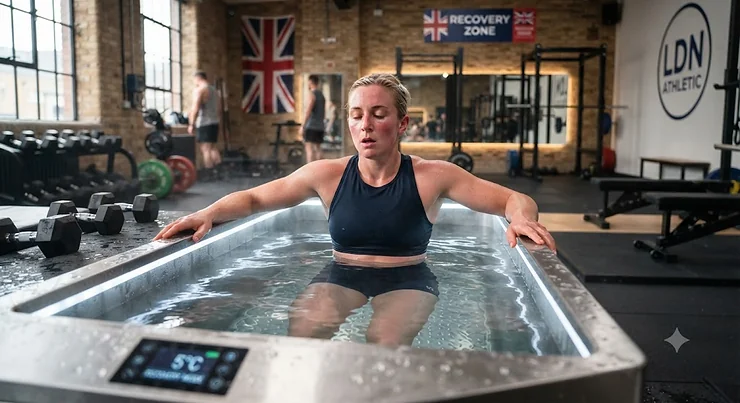 British athlete recovering after a strenuous workout in a modern cold plunge pool in a UK gym