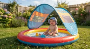 Close-up of a baby's paddling pool with a wide sun canopy providing essential shade for safe outdoor play.
