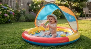 A baby splashing happily in a shallow paddling pool with a built-in UV sun canopy for added shade.