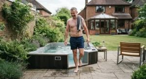 Relaxed homeowner stepping out of a garden cold plunge pool for recovery on a British patio