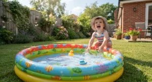 Small inflatable baby pool filled with water on the lawn for summer play