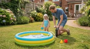 An adult inflating a small, colourful paddling pool suitable for a two-year-old on a green lawn.