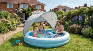 Family-sized paddling pool with an adjustable canopy on a green lawn
