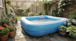 Close-up view of a high-quality rectangular inflatable pool, demonstrating its suitability for small British outdoor garden settings.