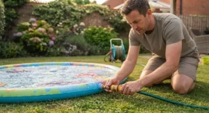 A parent connecting a garden hose to a splash pad for an easy and quick setup