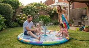 A happy family spending a hot afternoon together in the garden with their splash pad