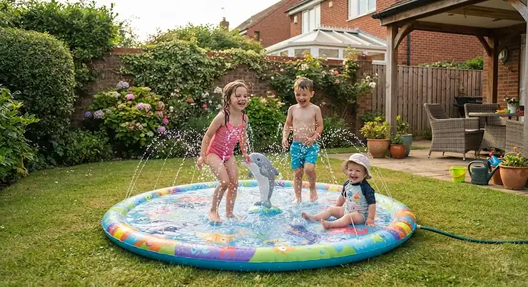 Children playing in a vibrant, safe splash pad set up in a residential back garden during a British summer. best splash pad