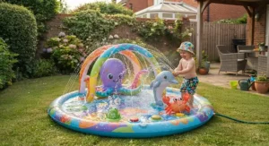 A splash pad featuring colourful water-spraying animal designs and interactive play elements