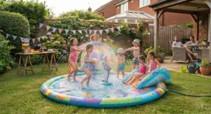 Group of children enjoying a sunny day at a garden party using a large, engaging splash pad