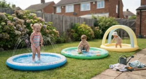 Selection of safe splash pads for toddlers featuring fun water sprinkles and paddling features