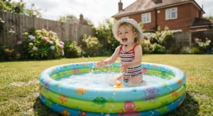 Happy toddler splashing in a colourful budget-friendly paddling pool outdoors