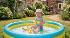 A two-year-old child sitting safely in a shallow paddling pool playing with floating rubber ducks and stacking cups.