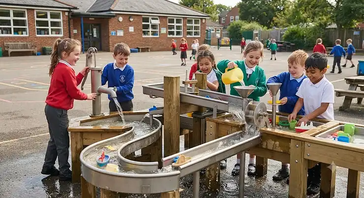 Children playing with water channels and funnels at an outdoor water play centre in a British school playground, water play centres