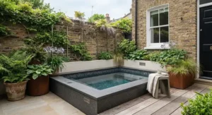 Compact cold water plunge pool designed for a small urban patio space in the UK