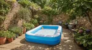 Compact rectangular inflatable pool fitting neatly into a small paved courtyard or patio space