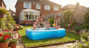 A family playing in a rectangular paddling pool situated on a small, neatly mown lawn, perfect for space-saving summer fun.
