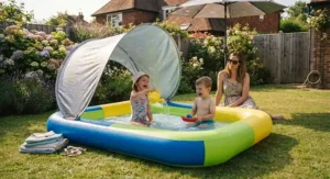 A durable, easy-to-inflate paddling pool with an integrated UV canopy showcased in a suburban garden setting.