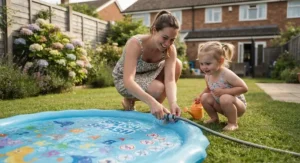 Parent setting up a durable garden splash pad designed specifically for toddlers and young children