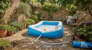 Water draining out of a rectangular inflatable pool at the end of a warm weekend in the garden